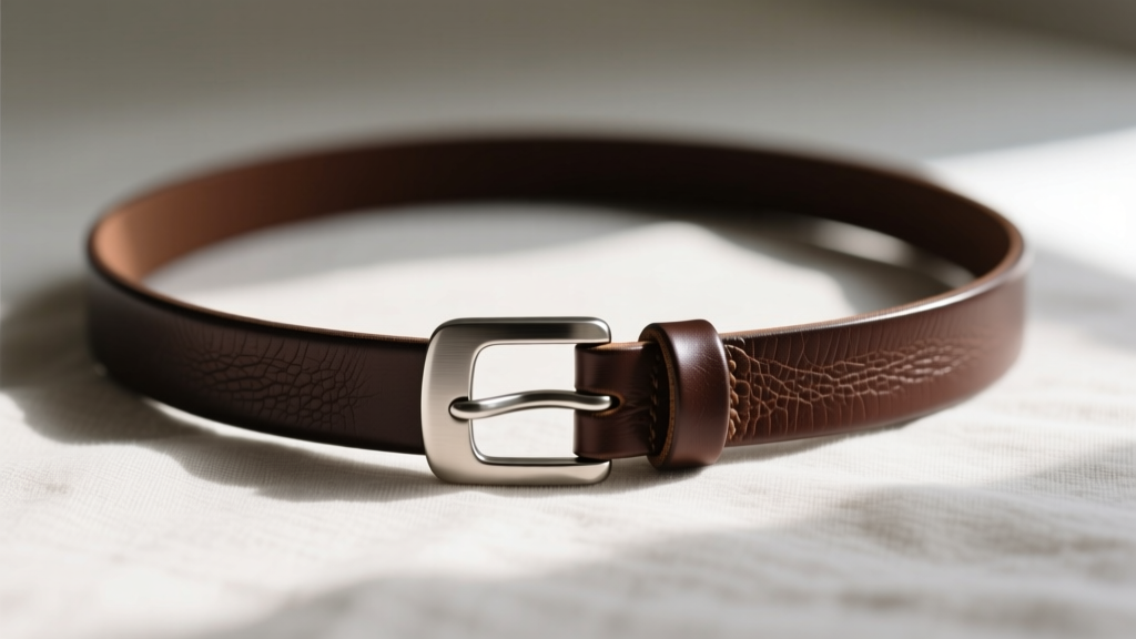 Dark brown full-grain leather strap necklace with a brushed steel clasp resting elegantly on a light linen fabric background