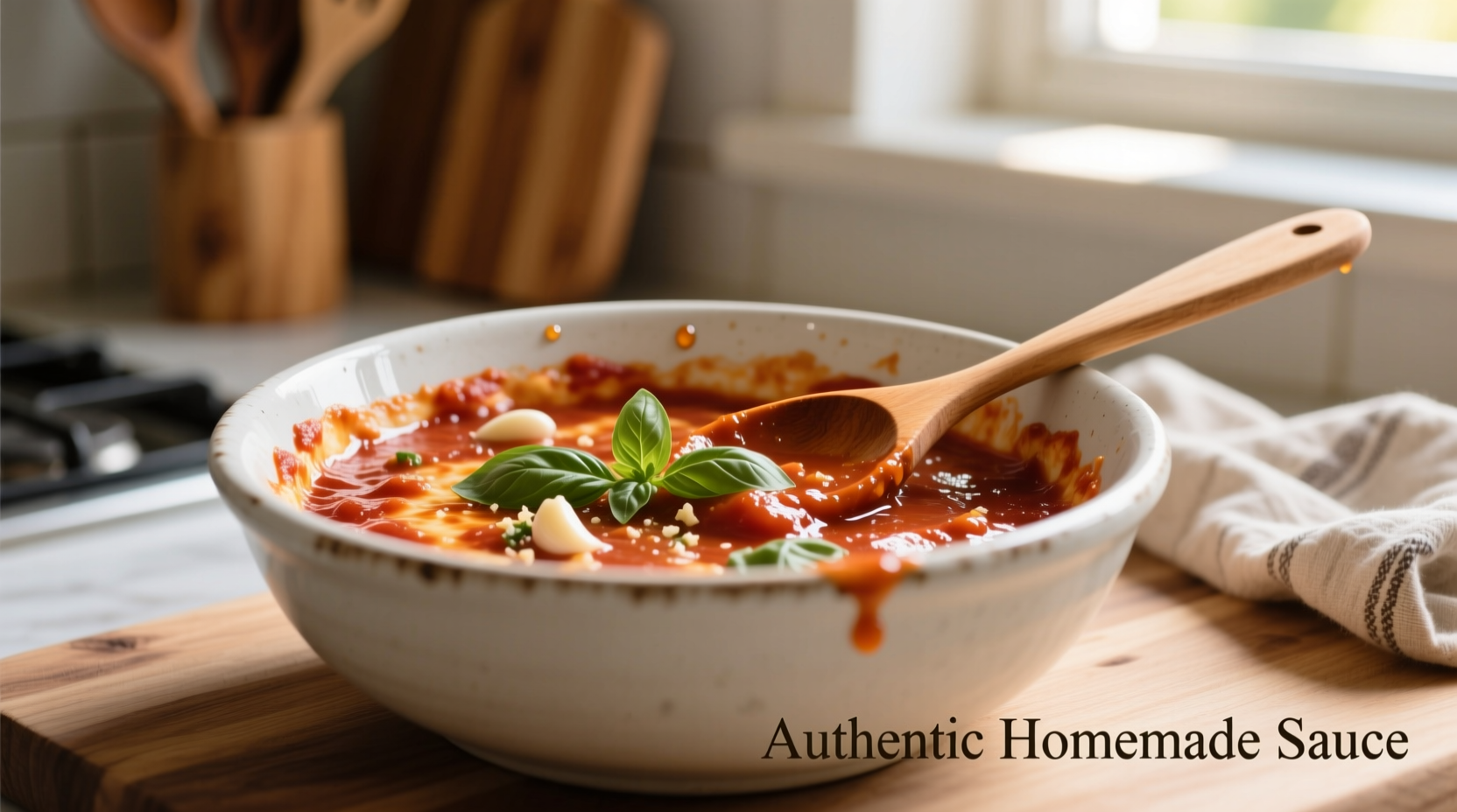 Homemade pizza sauce in white bowl with spoon