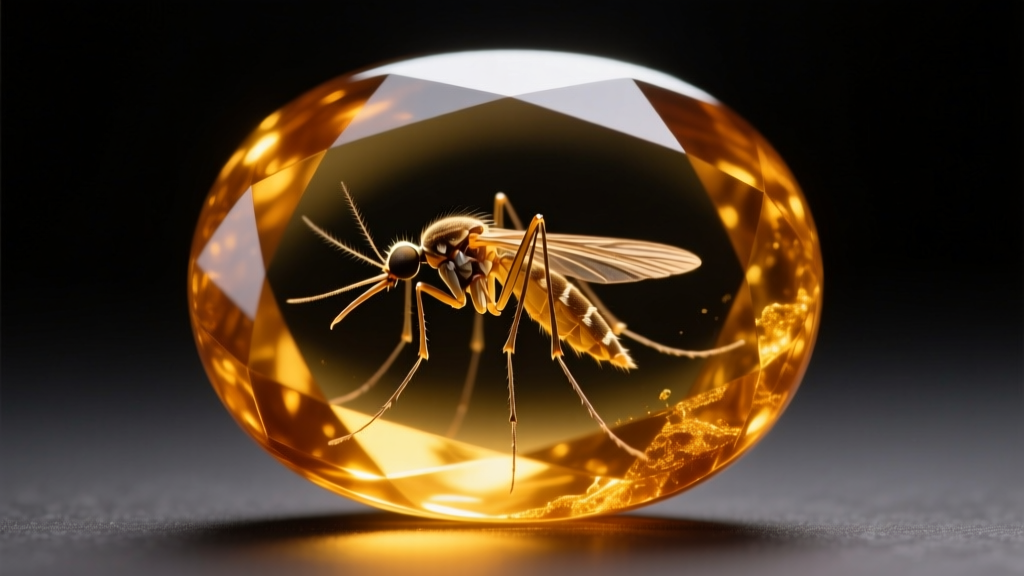 Macro photography of a golden amber cabochon featuring a preserved prehistoric mosquito inclusion, illuminated from behind.