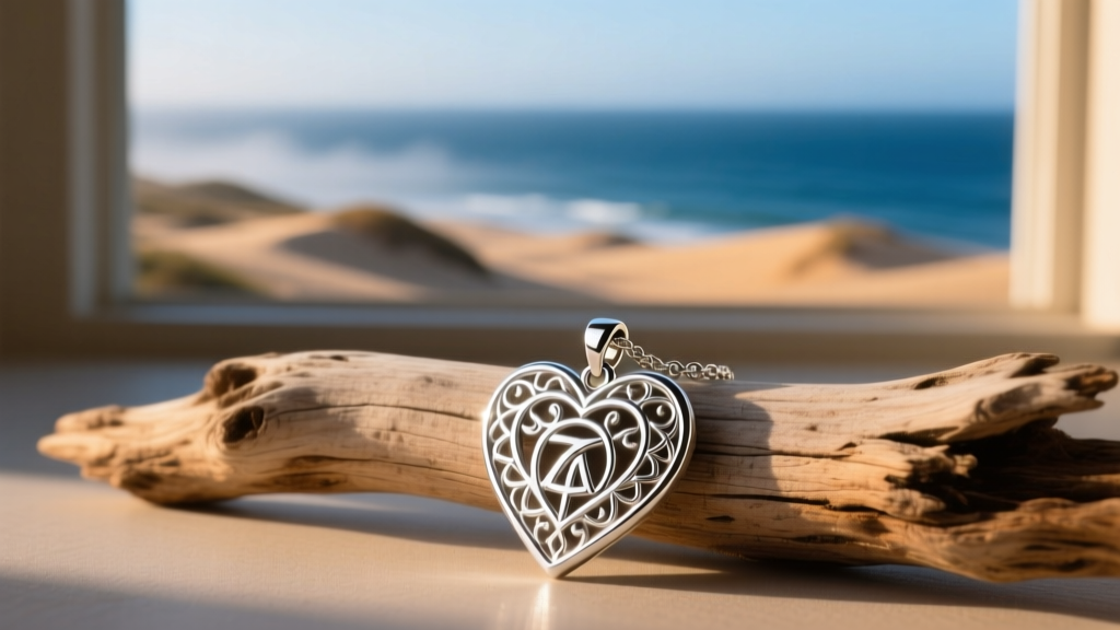 Sterling silver Heart of Te Fiti pendant necklace resting on weathered driftwood, illuminated by soft natural ocean-side lighting