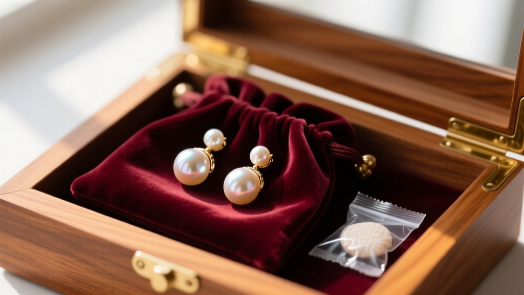 Pearl cluster earrings stored in a soft velvet pouch inside a cedar-lined jewelry box next to a small silica gel packet