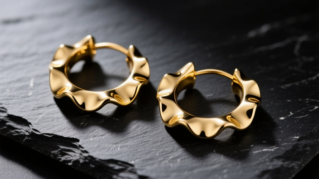 Close-up of 14k gold scalloped hoop earrings on dark slate, with soft lighting highlighting the intricate wavy metal edges.