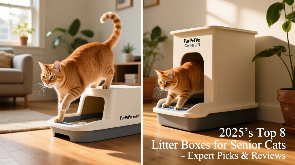 Side-by-side comparison showing a senior cat easily entering FurPetVo CornerLift versus struggling with a tall-sided traditional box