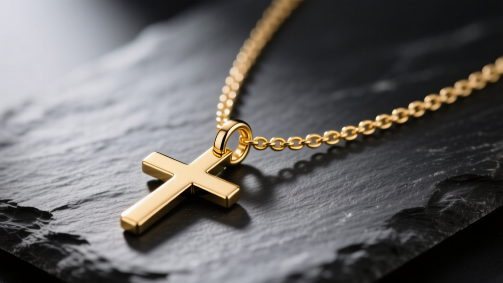 Macro shot of a 14k gold lariat cross necklace on dark slate, highlighting the sliding O-ring hardware and 1.2mm cable chain.