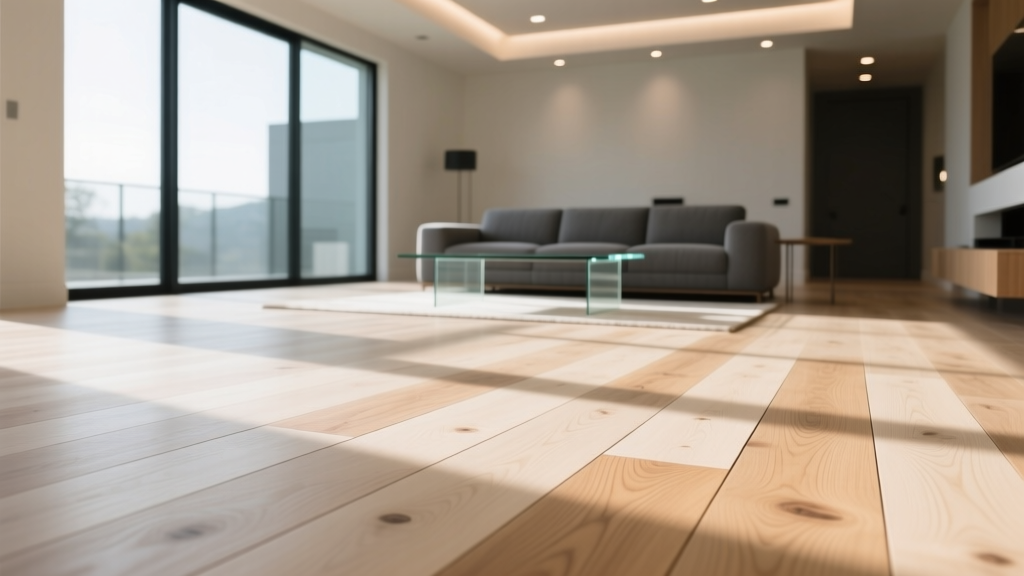 Close-up of premium clear-grade white oak hardwood flooring planks with a matte finish installed in a sunlit modern living room