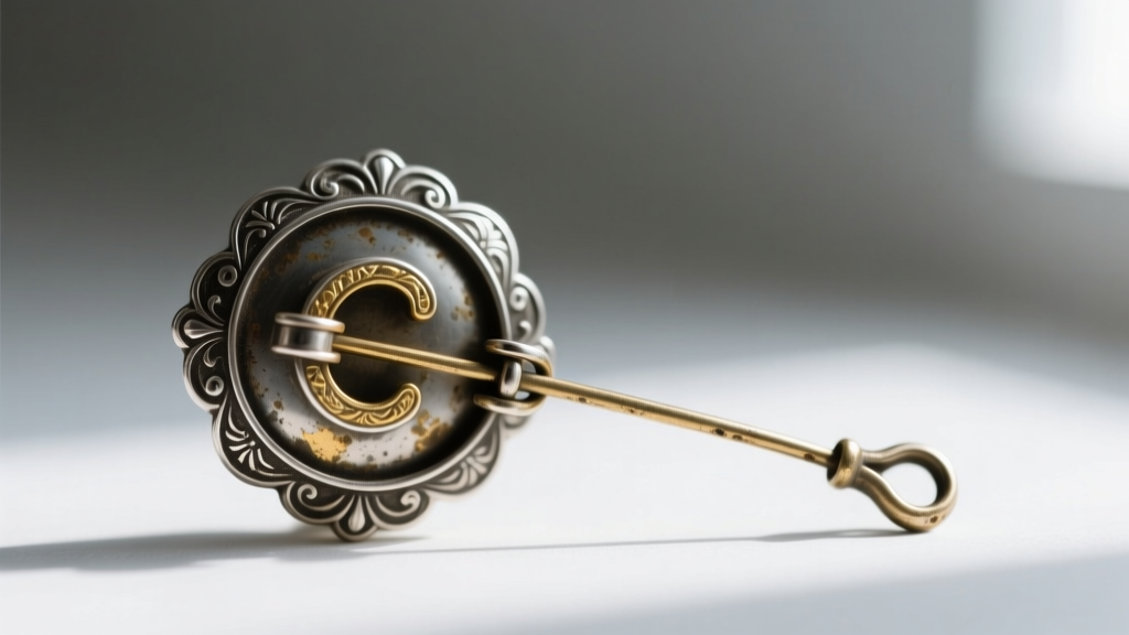 Macro photography of the back of a Victorian-era brooch showing an antique C-clasp and a long, slightly bent tube-hinge pin stem.