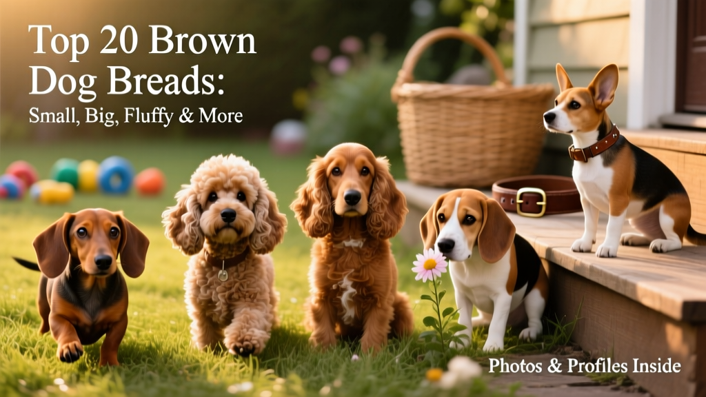 Collage of small and medium brown dogs: Dachshund, Poodle, Cocker Spaniel, Beagle, and Basenji