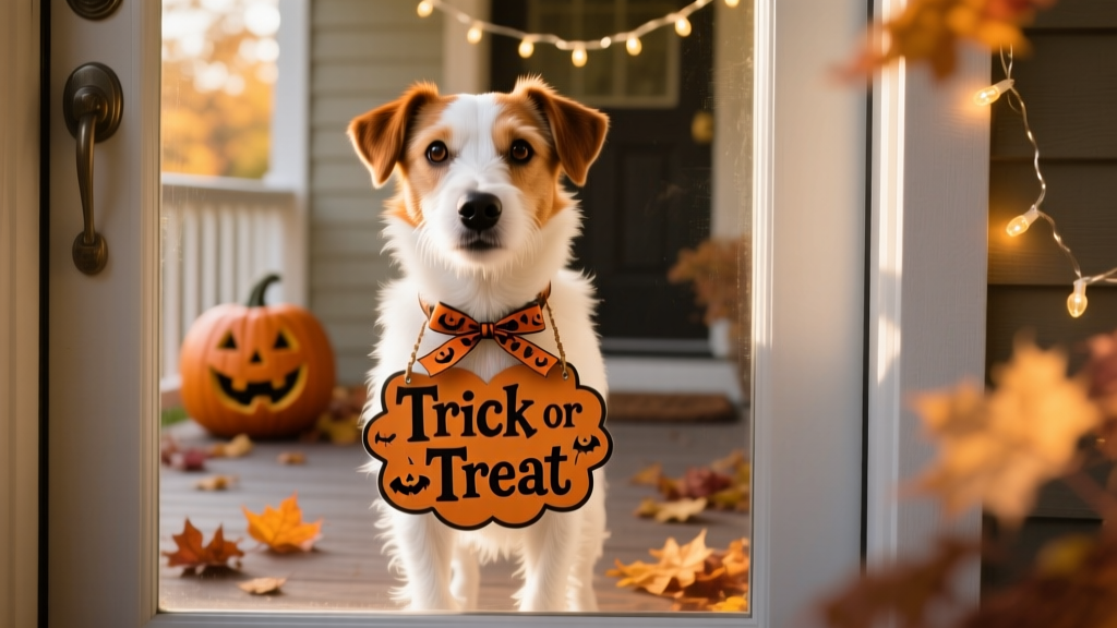 a white and brown terrier mix behind a glass door with a trick-or-treat sign hanging around its neck