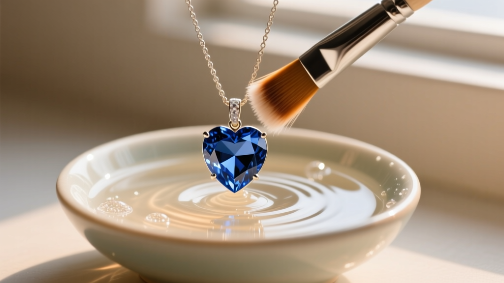Soft brush gently scrubbing the cleft of a sapphire heart necklace submerged in a small glass bowl of soapy lukewarm water.