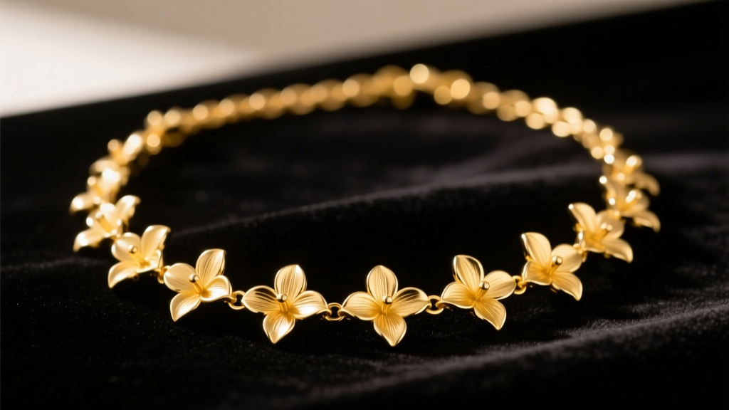 Close-up of a 14k yellow gold pikake necklace with jasmine flower links resting on dark velvet in warm lighting
