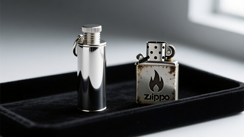 Sleek sterling silver tube pendant with a ribbed screw-top lid, displayed next to a vintage Zippo lighter on a dark velvet tray.