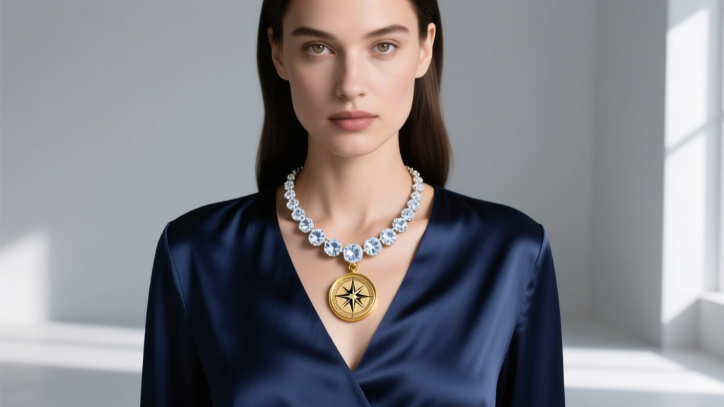 Model in navy silk V-neck blouse wearing a 16-inch white sapphire tennis necklace and an 18-inch solid gold compass pendant.