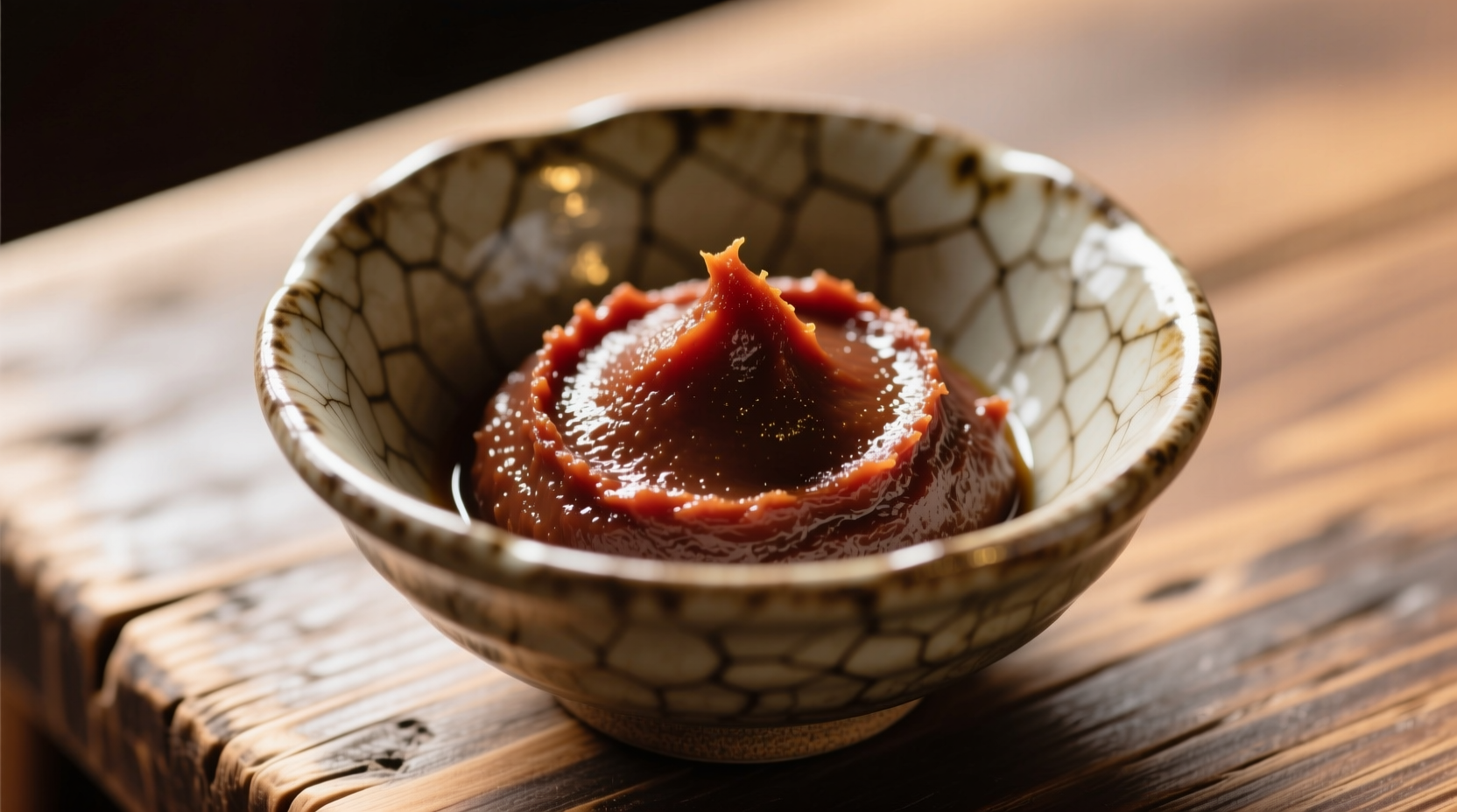 Close-up of miso paste in traditional ceramic bowl