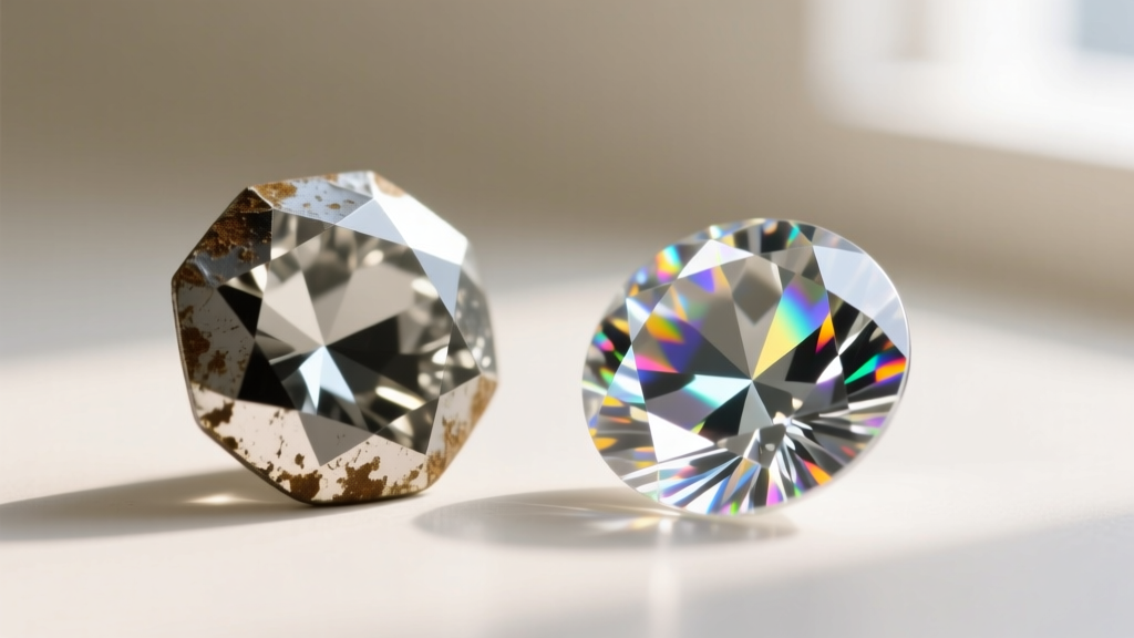Macro shot of tarnished foil-backed rhinestone beside a sparkling restored stone, showing contrast in light reflection and clarity.