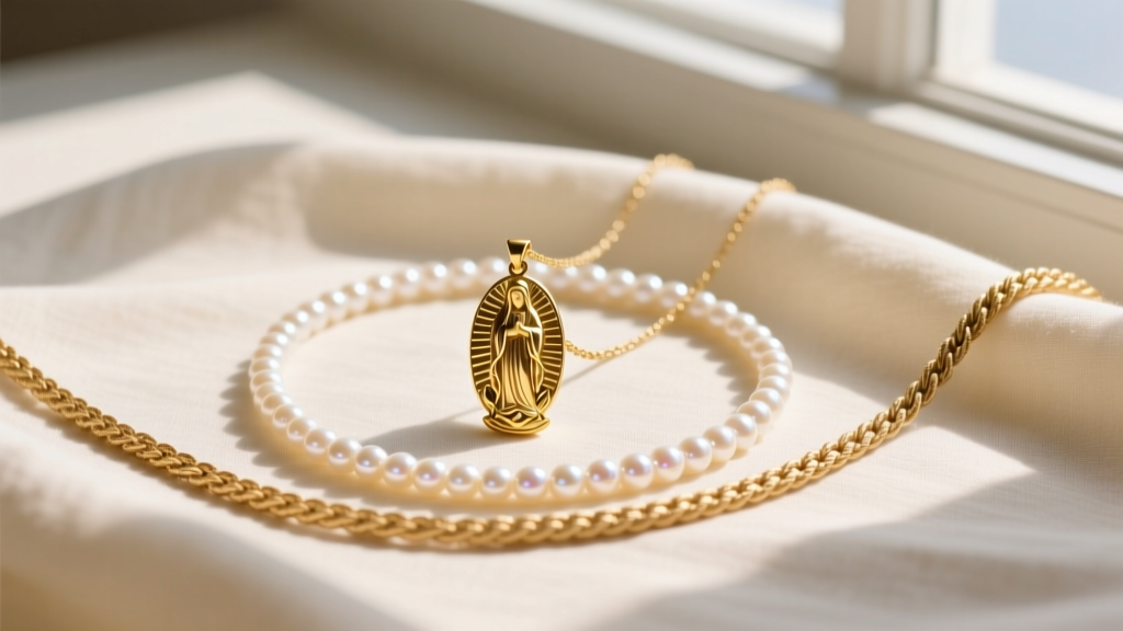 Flat lay of a 14k gold Virgin Mary pendant layered with a delicate pearl choker and a thick rope chain on cream linen fabric
