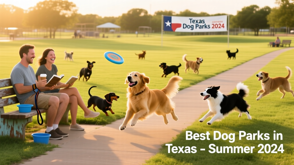 A sunny, open dog park with dogs playing and owners relaxing on benches