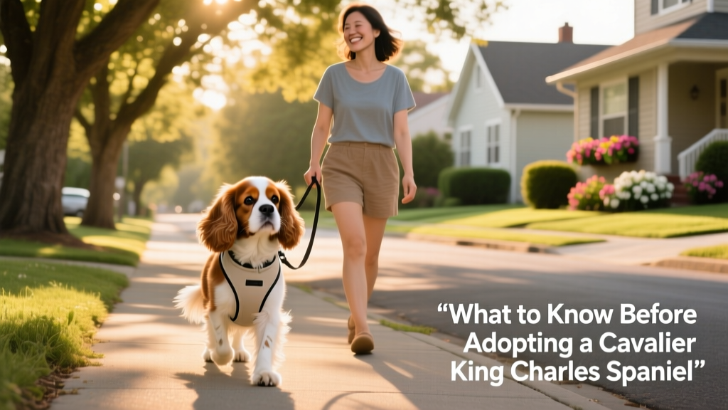 A Cavalier King Charles Spaniel wearing a lightweight harness, walking calmly beside its owner on a tree-lined neighborhood street