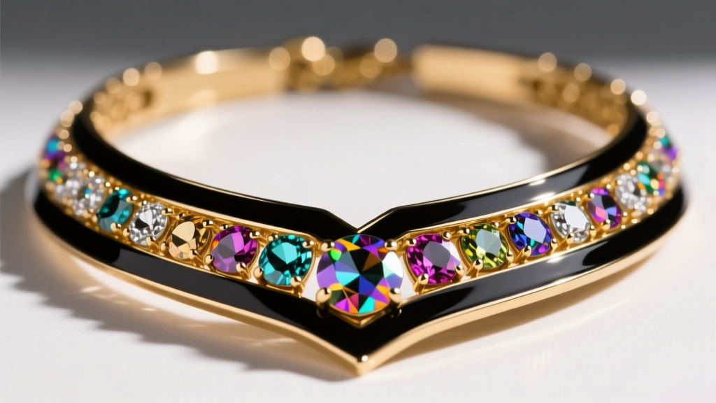 Close-up of a statement necklace featuring prong-set glass rhinestones and black enamel detailing on a gold-tone brass foundation.