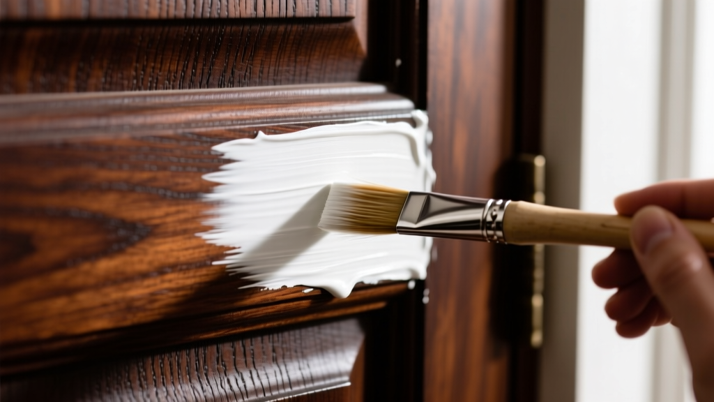 Close-up of a paintbrush applying a smooth coat of white waterborne alkyd paint over a dark mahogany stained wood cabinet door