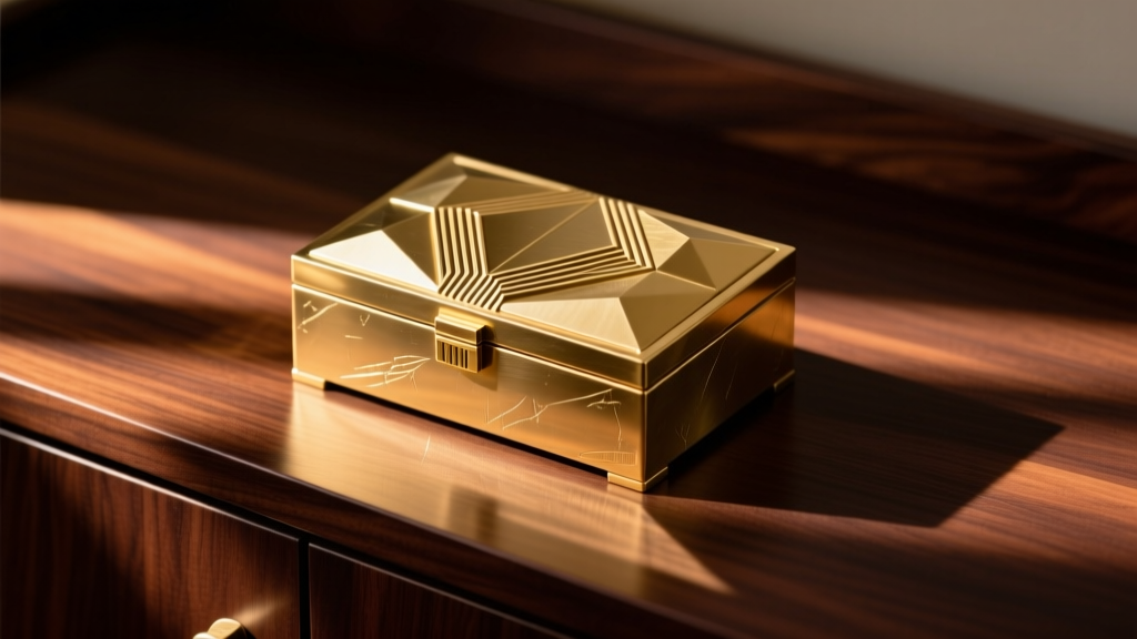 A polished solid brass jewelry box with a geometric Art Deco lid resting on a dark walnut dresser, illuminated by warm morning light