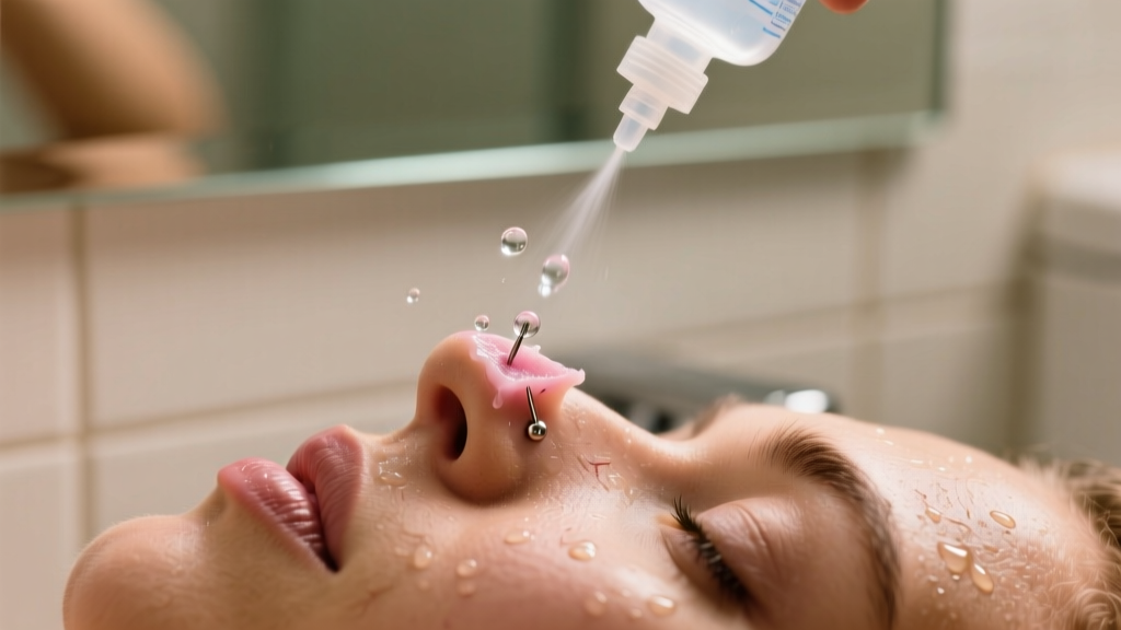 Close-up of sterile saline being sprayed onto a healing cartilage piercing, soft bathroom lighting with a subtle mirror reflection
