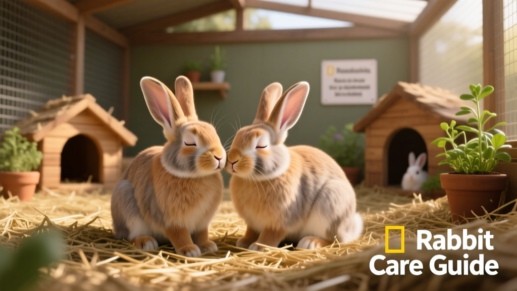 Two calm, well-socialized adult rabbits grooming each other peacefully in a spacious, enriched enclosure