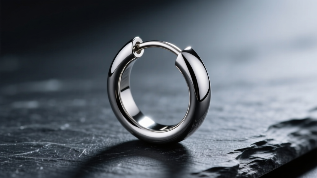 Macro shot of a polished 16-gauge titanium 30mm hoop earring resting on dark slate with soft directional lighting.
