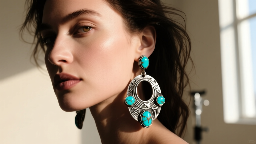 Close-up of a creative professional wearing a large, oxidized silver and turquoise artisan dangle earring, dramatic lighting