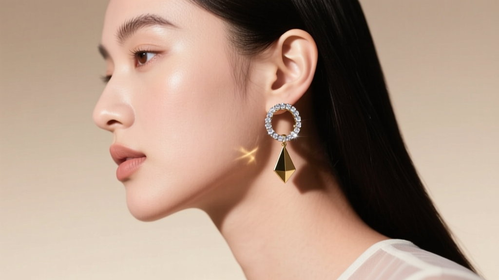 Side profile of a model wearing a micro-pavé zirconia tennis huggie and a geometric matte gold drop on a cartilage piercing.