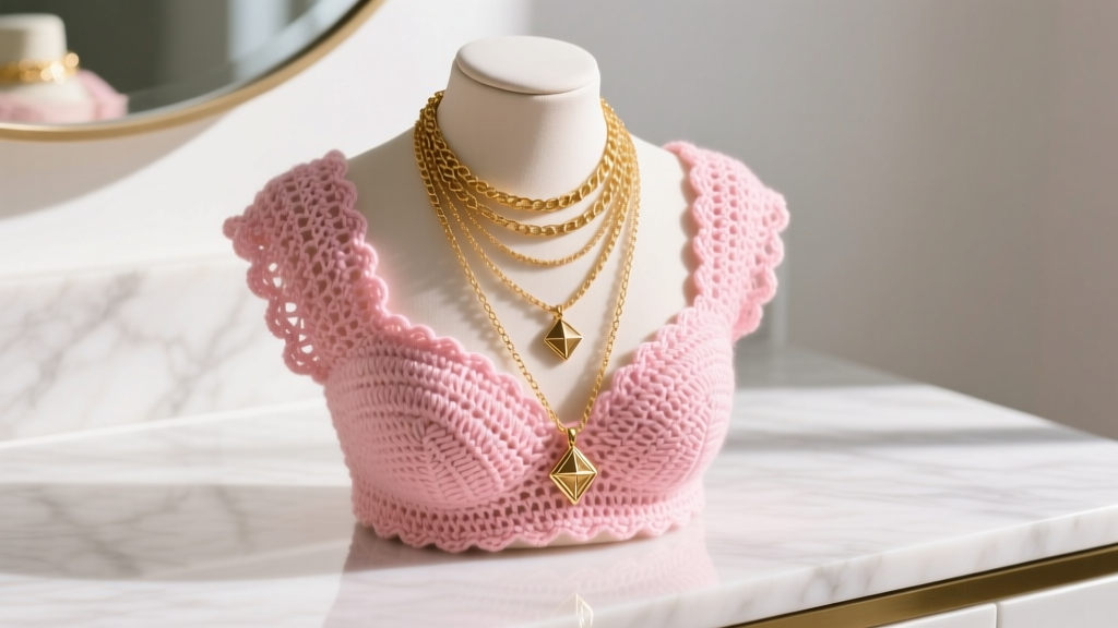 Blush pink mercerized cotton crochet jewelry bust displaying a layered gold necklace collection on a bright marble vanity surface