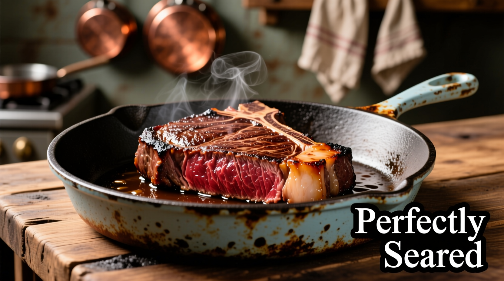 Perfectly seared steak with crust in cast iron skillet