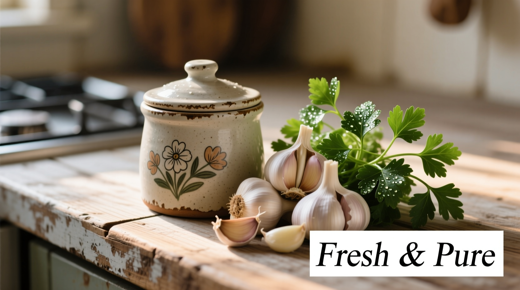 Toom garlic spread container next to fresh garlic cloves and parsley
