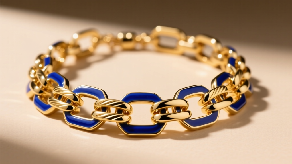 Close-up of a bold Alexis Kirk statement necklace with 22k gold vermeil links and vibrant cobalt blue hand-painted enamel accents.