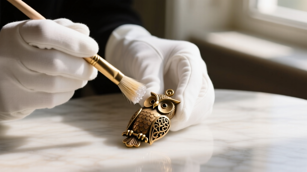 Hands in white cotton gloves gently applying microcrystalline wax to a brass vintage owl pendant using a soft bristled brush.