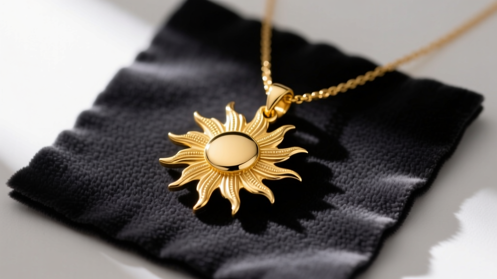 Close-up of an 18k yellow gold soleil necklace pendant with intricate textured sunburst rays resting on a dark velvet cleaning mat