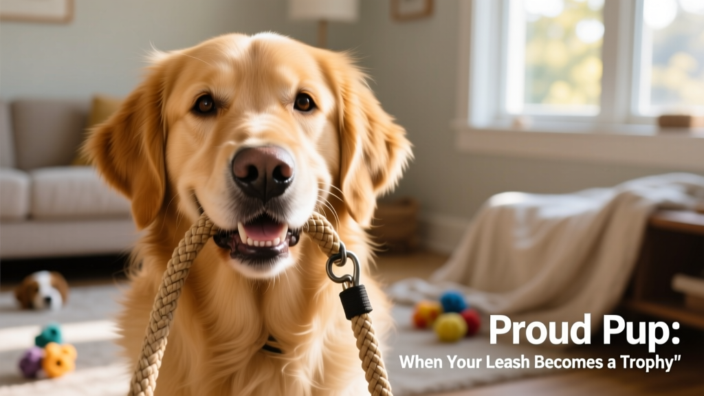 Close-up of a smiling Golden Retriever gently holding a woven nylon leash in his mouth, ears perked and eyes bright