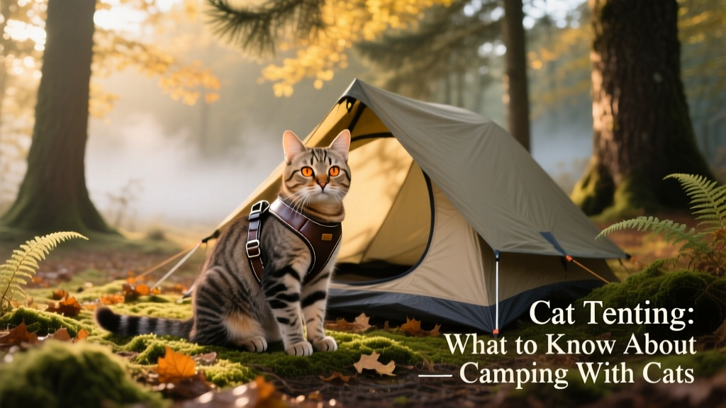 A relaxed cat wearing a harness and sitting calmly beside a small tent in a shaded forest clearing