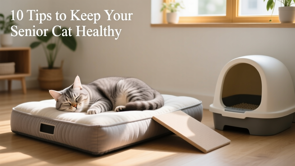Senior cat comfortably napping on a heated orthopedic bed beside a ramp leading to a low-entry litter box