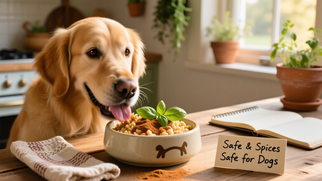 A dog happily eating from a bowl topped with a light sprinkle of cinnamon and fresh basil