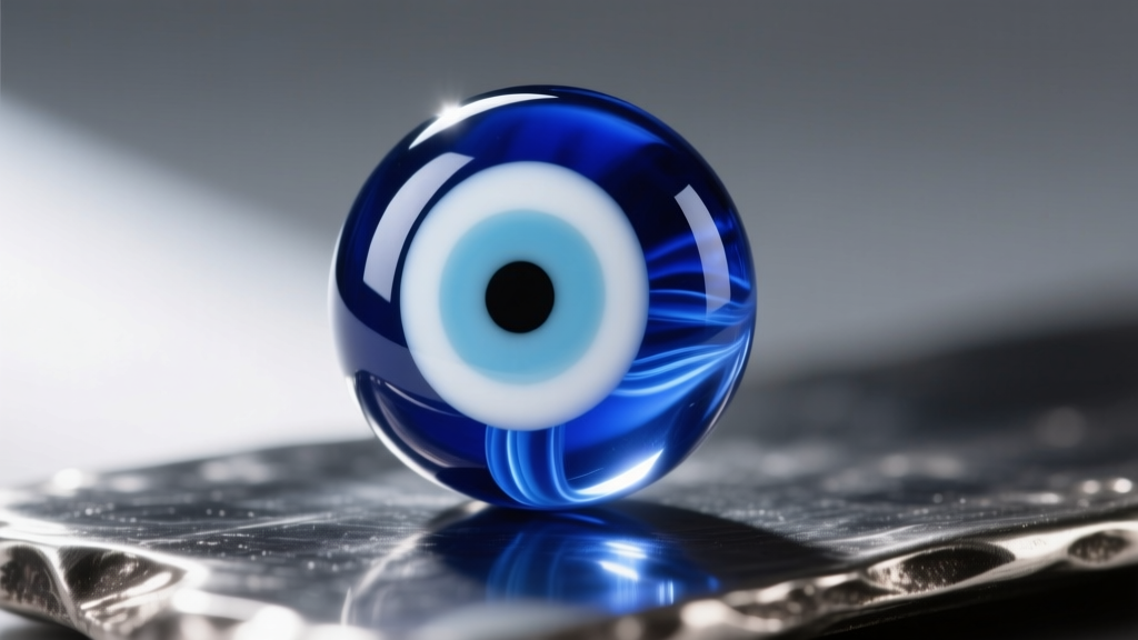Macro shot of cobalt blue borosilicate glass evil eye bead with white and light blue layering, resting on dark oxidized silver