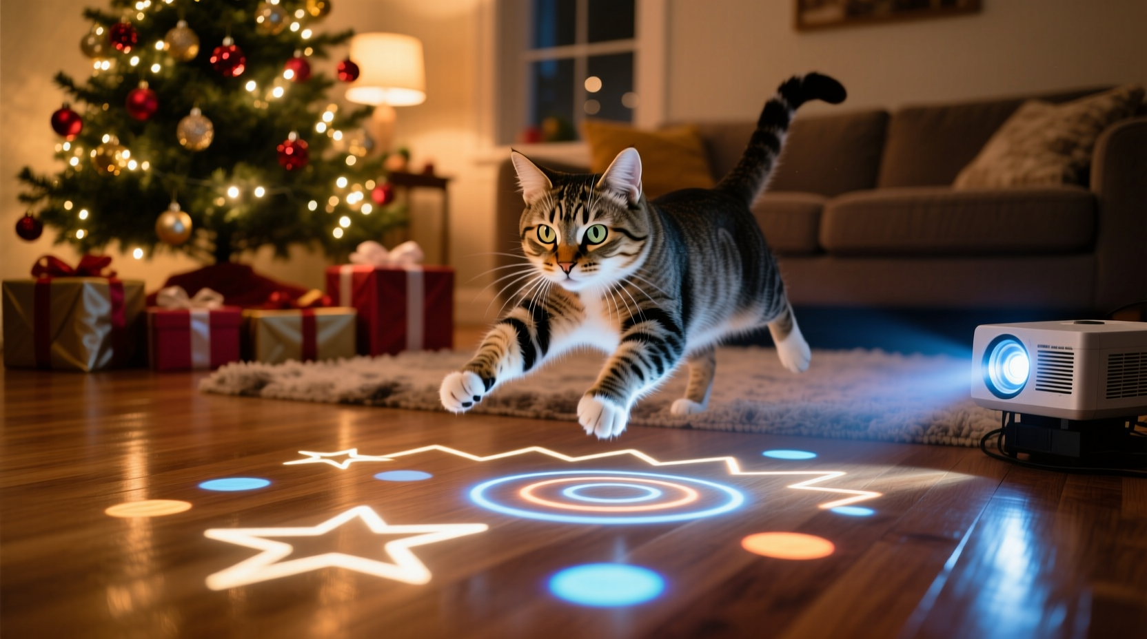 why does my cat attack moving light patterns from christmas projectors