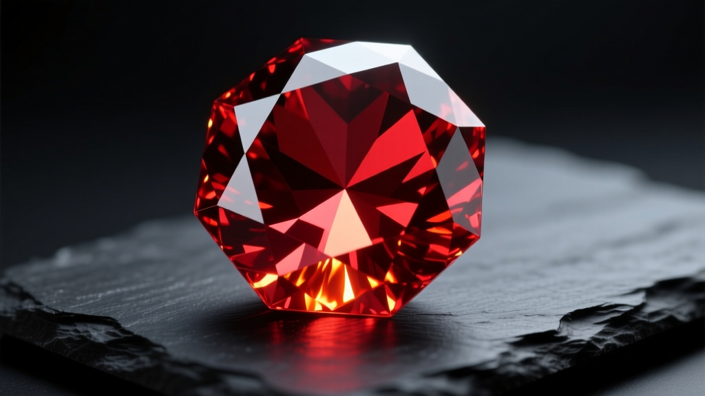 Close-up macro shot of a vibrant red octahedral spinel crystal on dark slate, illuminated by dramatic directional studio lighting.
