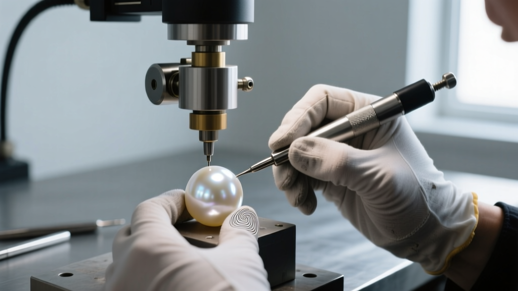 Jeweler using a low-wattage laser engraver on white Akoya pearls, showing precise focal distance and a rotary attachment setup.