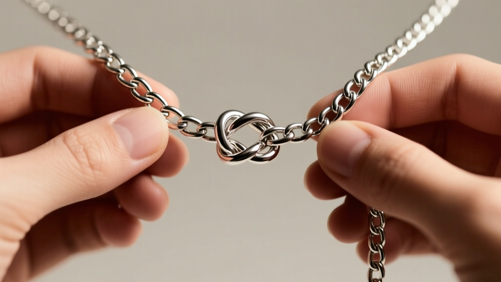 Hands tying a loose overhand knot in a 30-inch sterling silver box chain, creating a doubled lariat style necklace look.