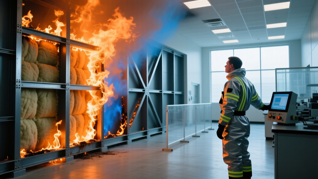 Technician in a high-tech laboratory observing a large steel-framed wall assembly engulfed in flames during an ASTM E119 fire endurance test
