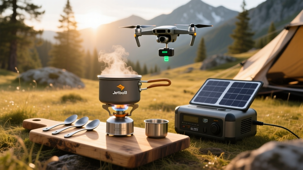 Overlanding camp kitchen setup featuring a Jetboil stove, titanium sporks, and a portable solar generator charging a drone