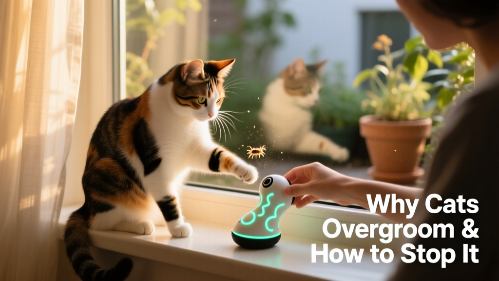 Calm cat interacting with a FurPetVo interactive toy while sitting near a window perch