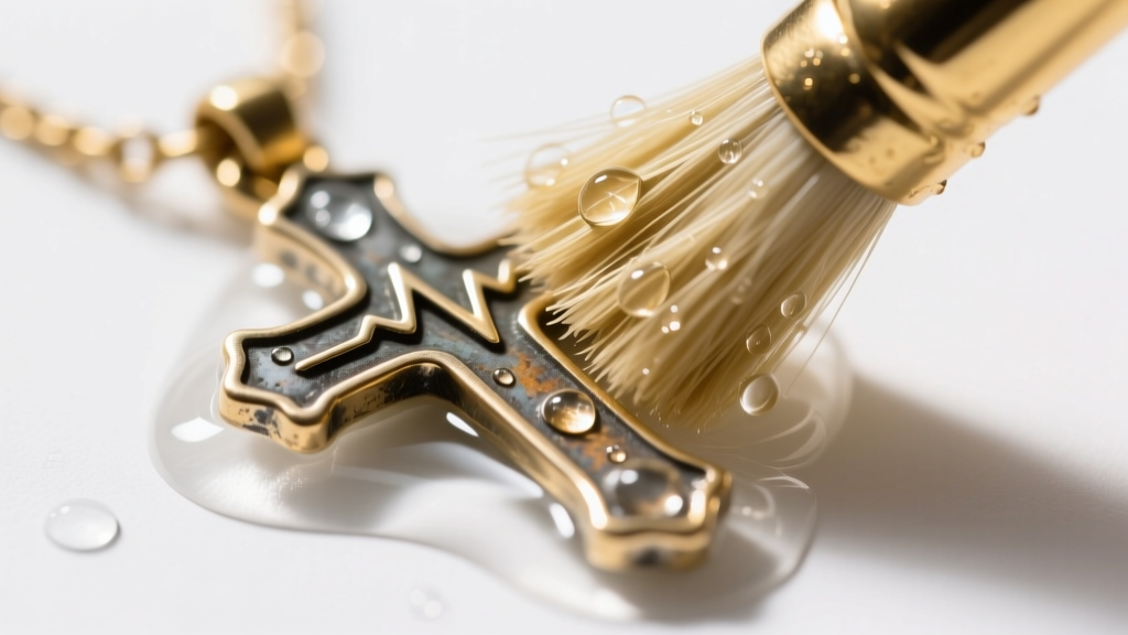 Macro shot of a soft brass brush cleaning deep grooves of a tarnished stainless steel EKG cross pendant with mild soapy water.