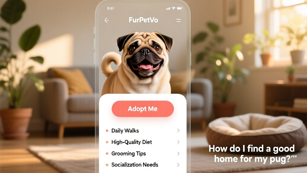 Screenshot-style illustration showing a clean, user-friendly FurPetVo profile page with a happy Pug photo, 'Adopt Me' button, and key care notes visible