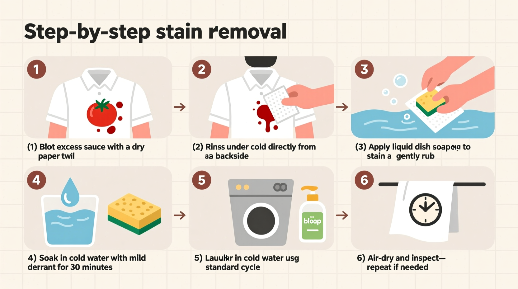 Step-by-step tomato stain removal process on white fabric